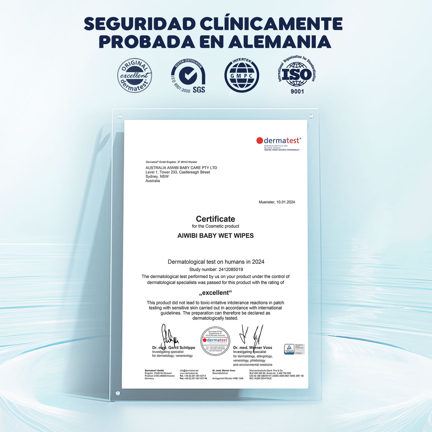 Certificado de seguridad de las toallitas húmedas Dermatest.