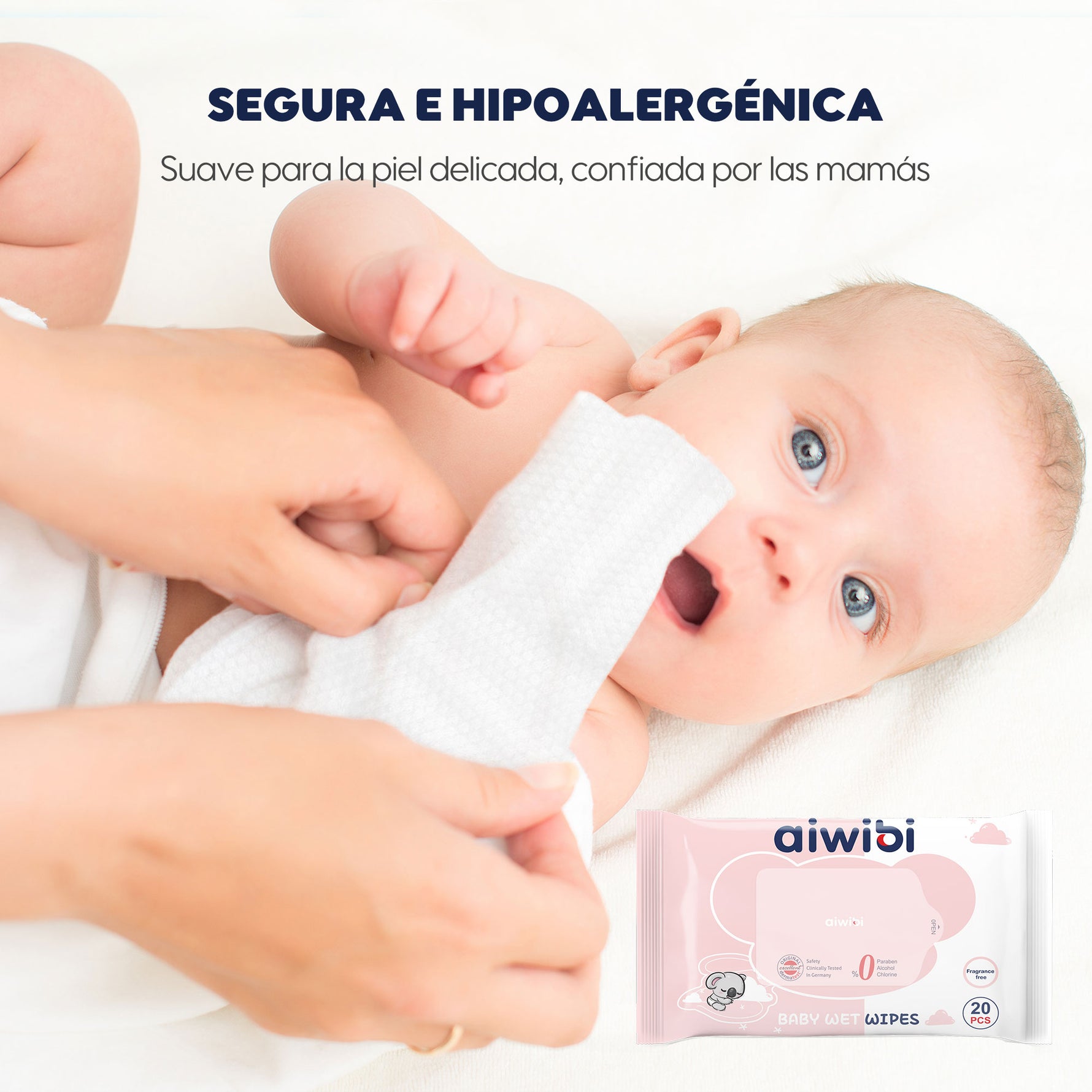 Pañitos húmedos hipoalergénicos Aiwibi, sin alcohol ni parabenos.