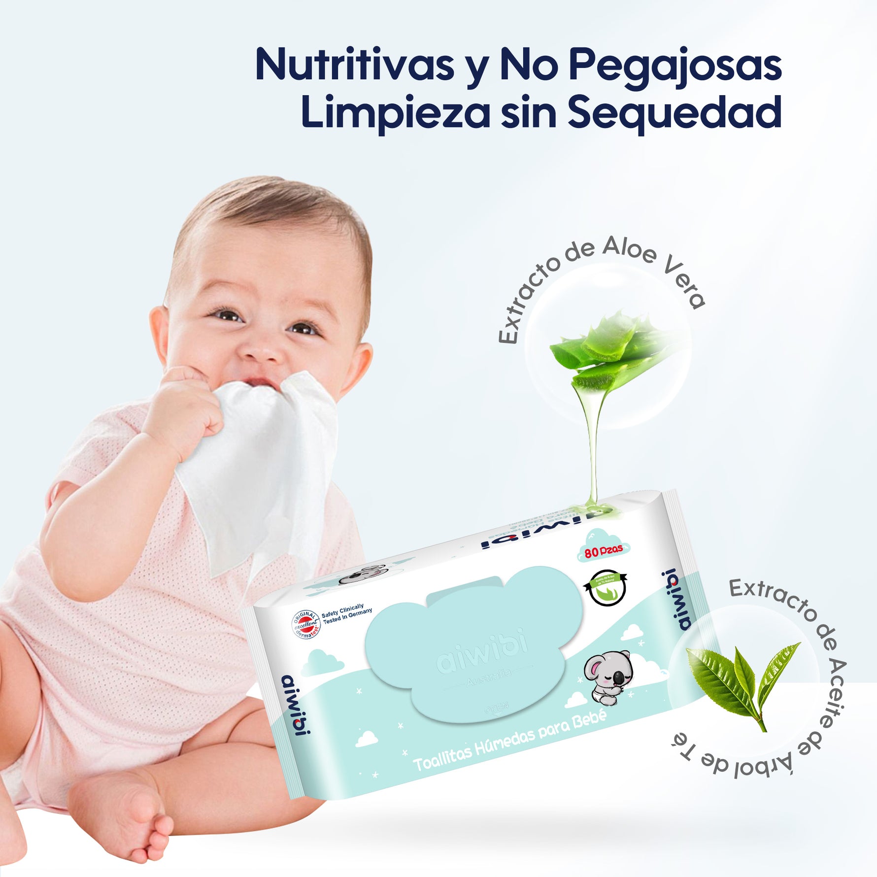 Madre limpiando suavemente la cara de un bebé con toallitas húmedas Gentle Soft. Producto hipoalergénico y sin fragancia para cuidado diario seguro.