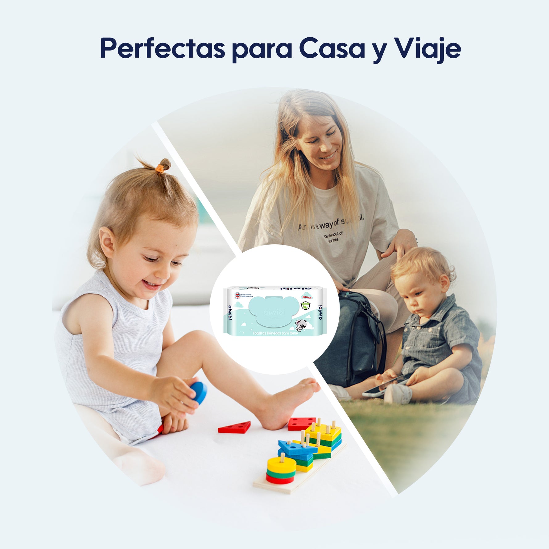 Toallitas portátiles Gentle Soft usadas durante un paseo al aire libre. Fáciles de llevar y ideales para limpieza rápida de manos y cara del bebé.