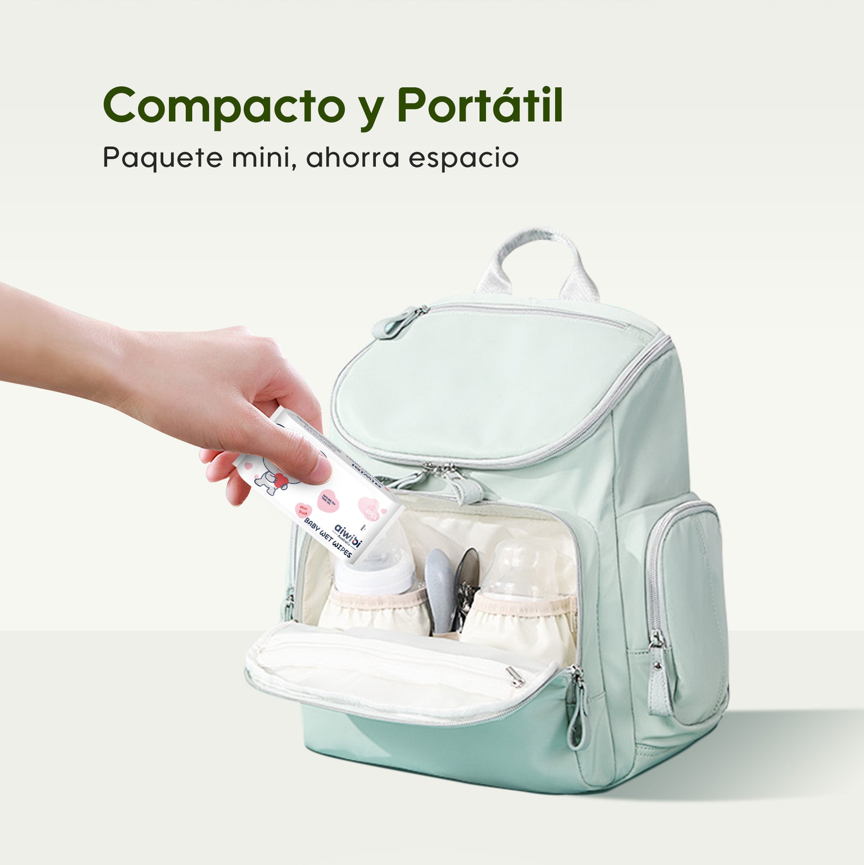 Pañitos húmedos Aiwibi Mini en su empaque compacto con cierre hermético, fácil de llevar.