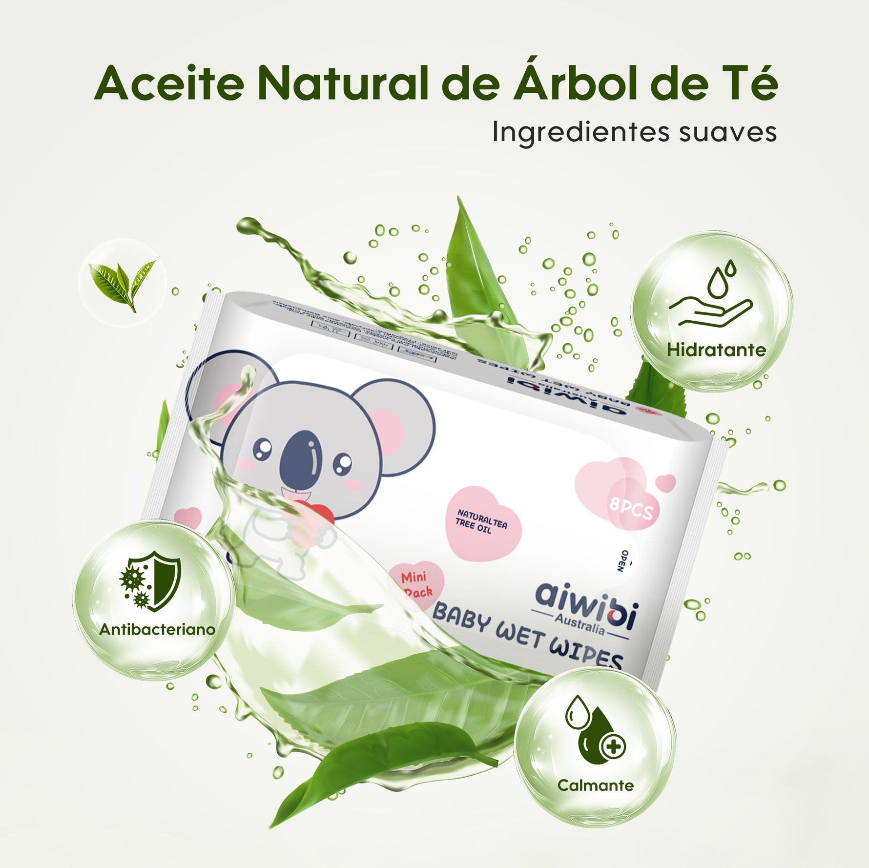 Composición de pañitos húmedos Aiwibi Mini: fibras vegetales y poliéster suave para piel delicada.