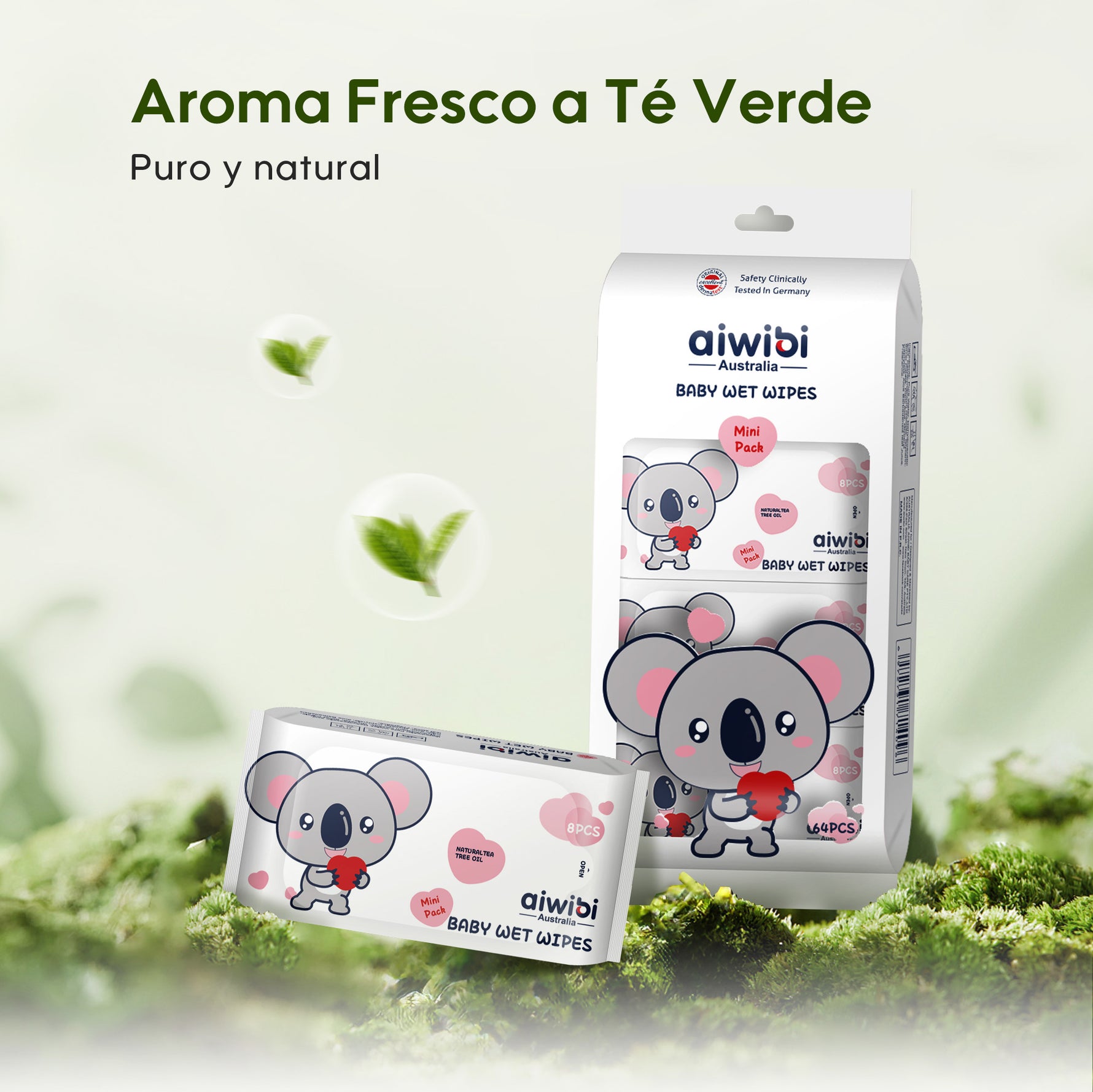 Pañitos húmedos Aiwibi Mini con fresca fragancia a té verde - ingredientes naturales para una sensación refrescante.